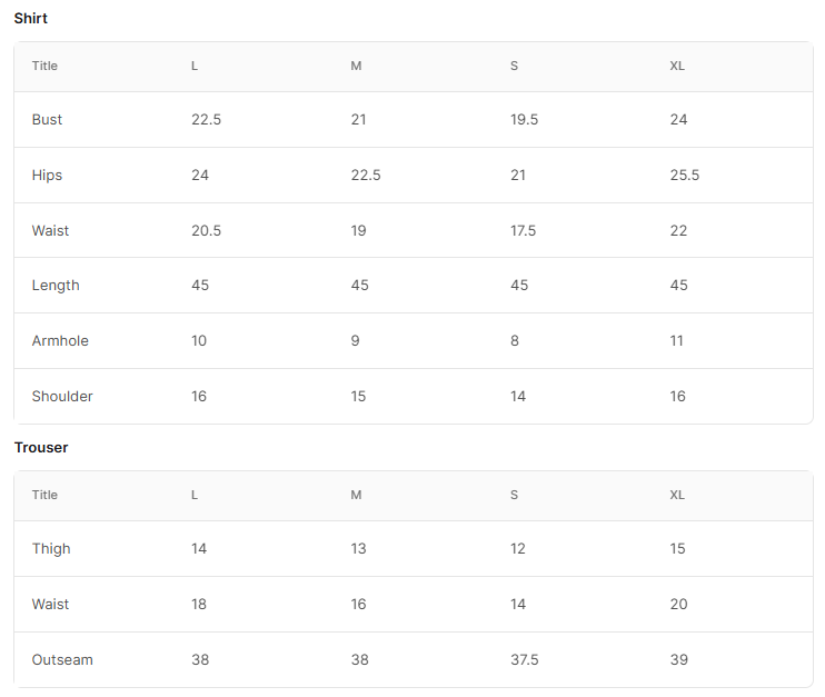 Size chart for Crowne