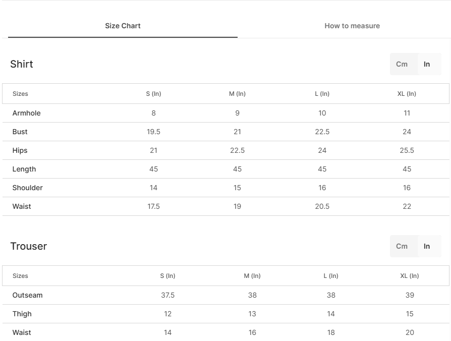 Size chart for Crowne