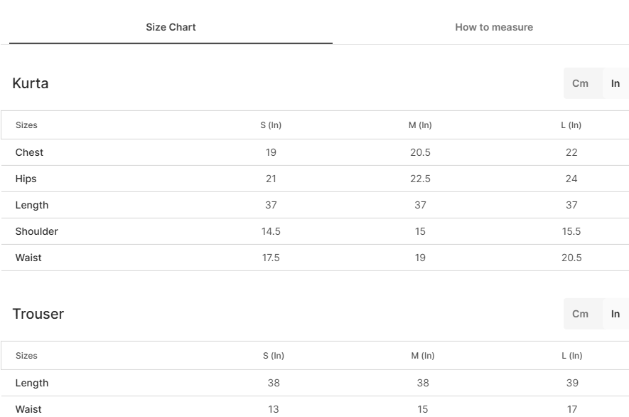 Size chart for Daffodil Ivory