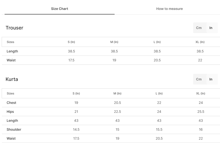 Size chart for Daisey - Grey