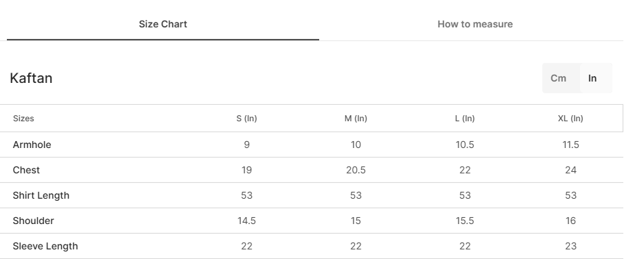 Size chart for Darakhshan