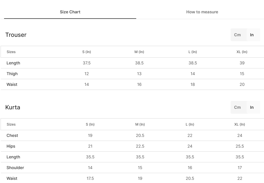 Size chart for Darwaish