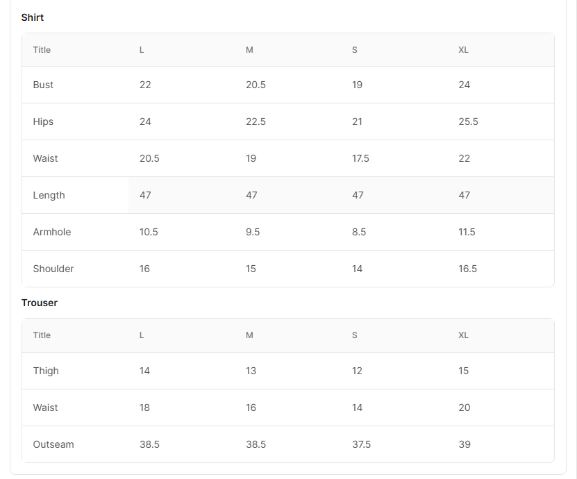 Size chart for Dastaan