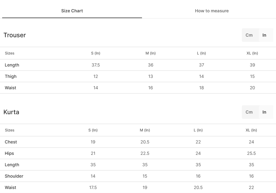 Size chart for Denali - 1Pc Shirt