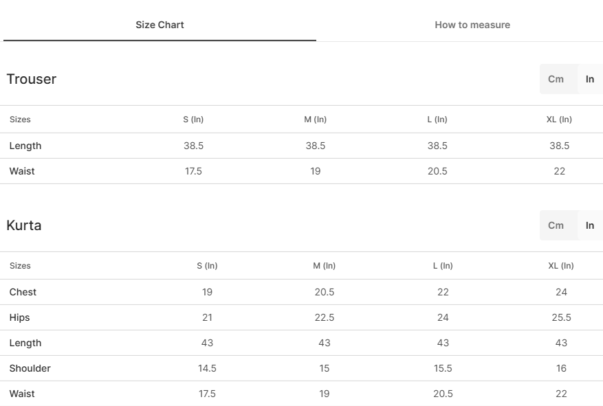Size chart for Dil-e-Afroz