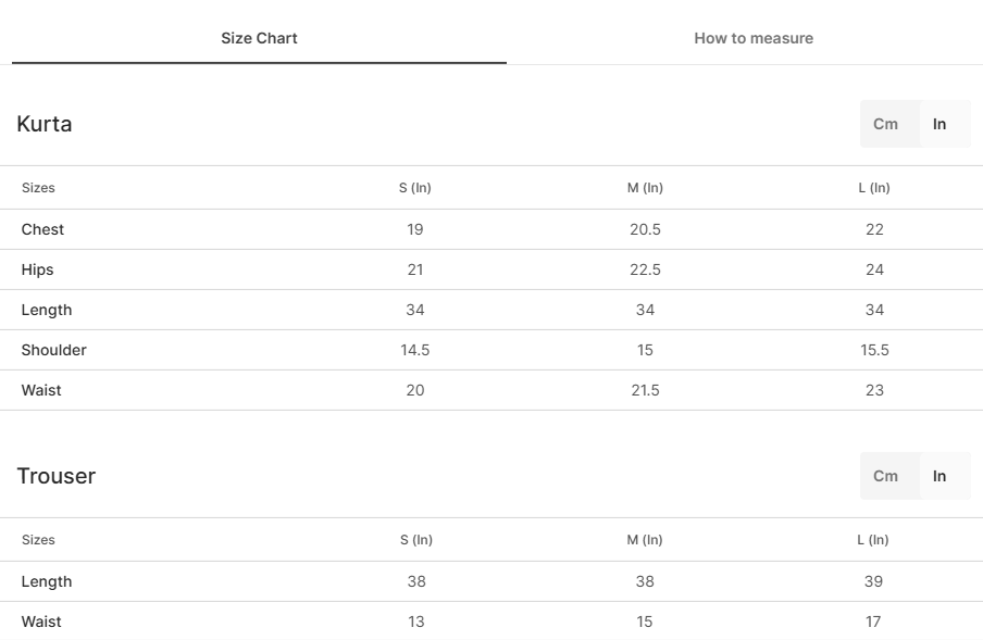 Size chart for Dilnawaz