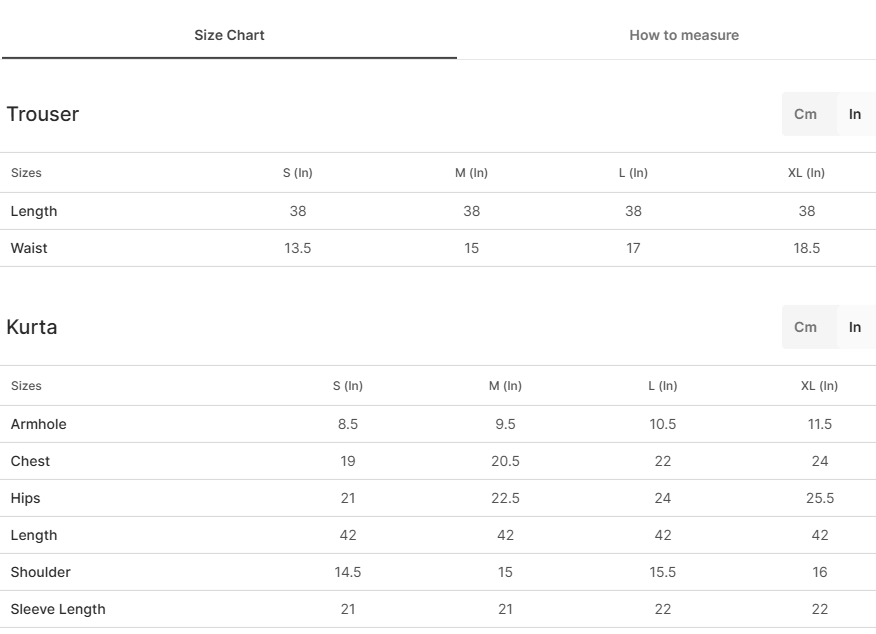 Size chart for Dreamy Black