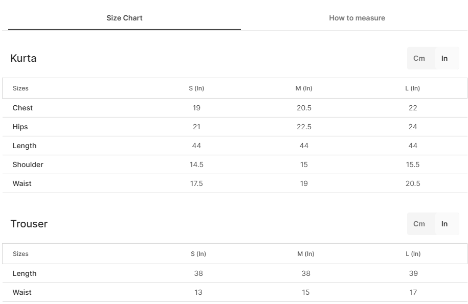 Size chart for Dua