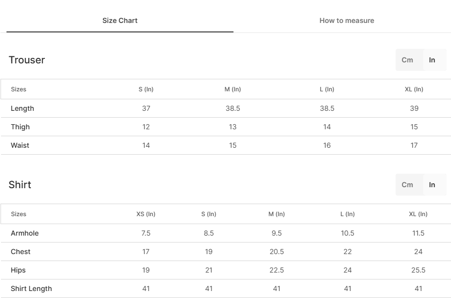 Size chart for Dure Navy