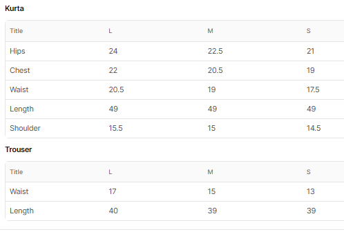 Size chart for Ehaan
