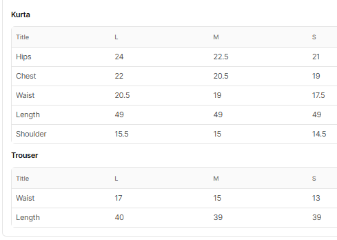 Size chart for Ehaan Ivory