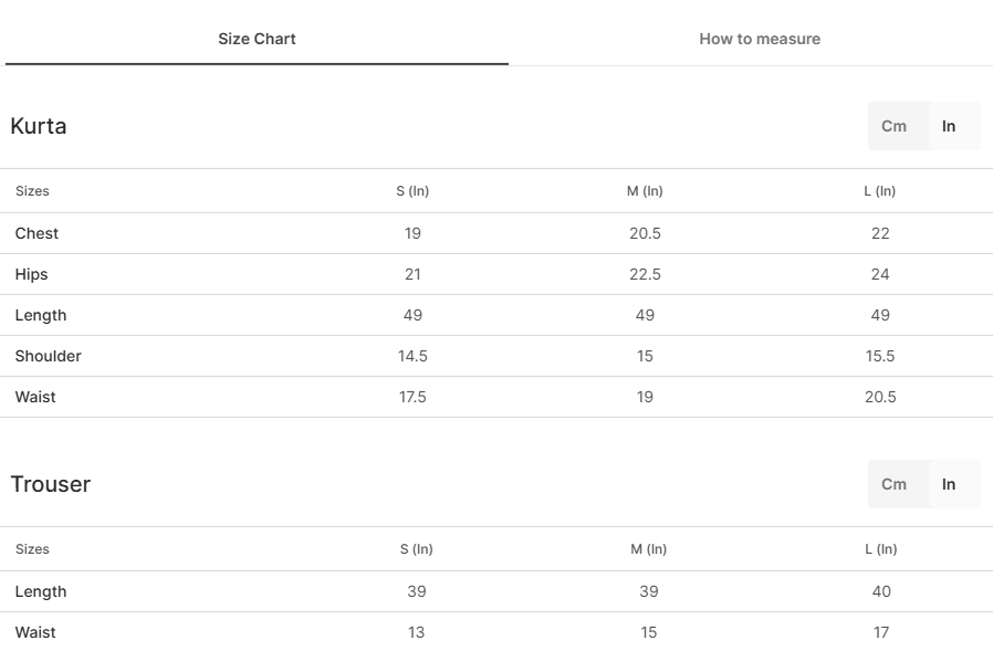 Size chart for Ehaan