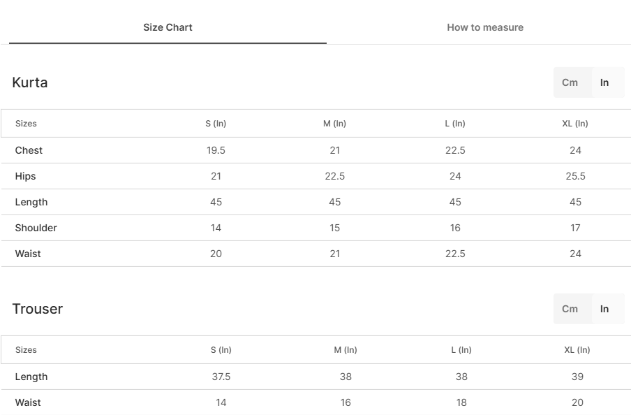 Size chart for Elara