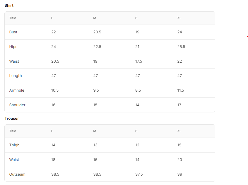 Size chart for Elbise