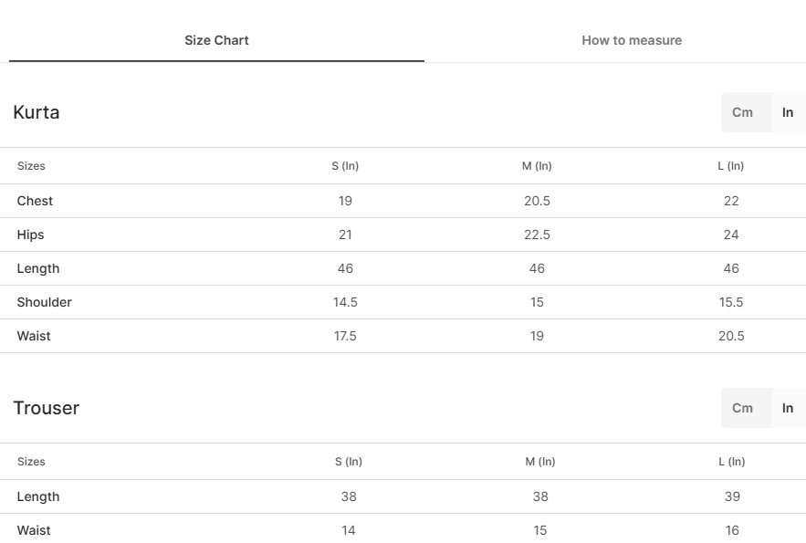 Size chart for Elegant Black