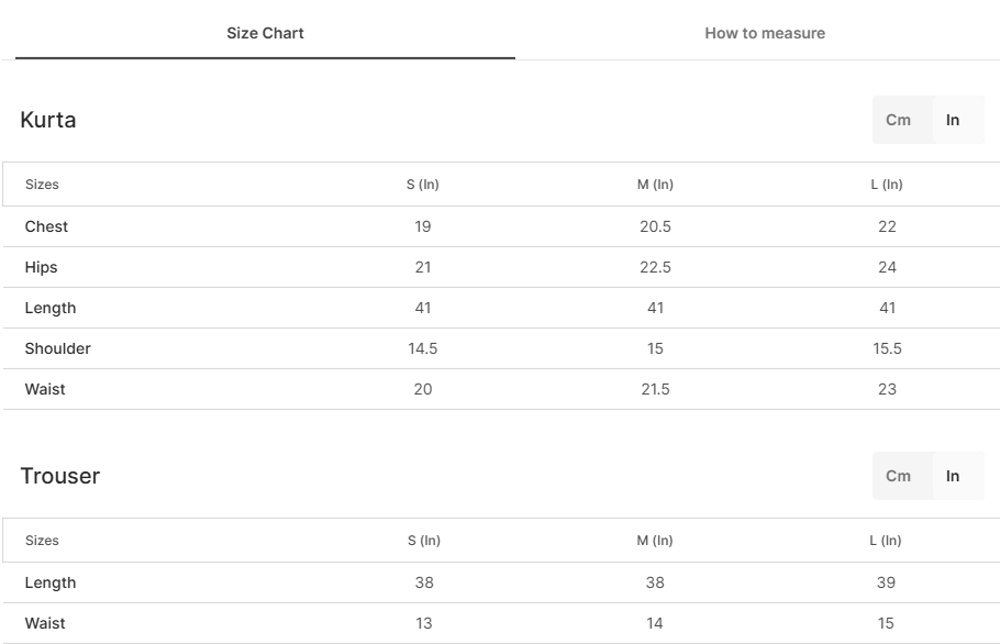 Size chart for Elendra