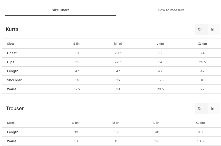 Size chart for Erilys