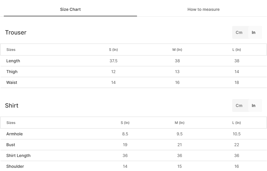 Size chart for Euphoria
