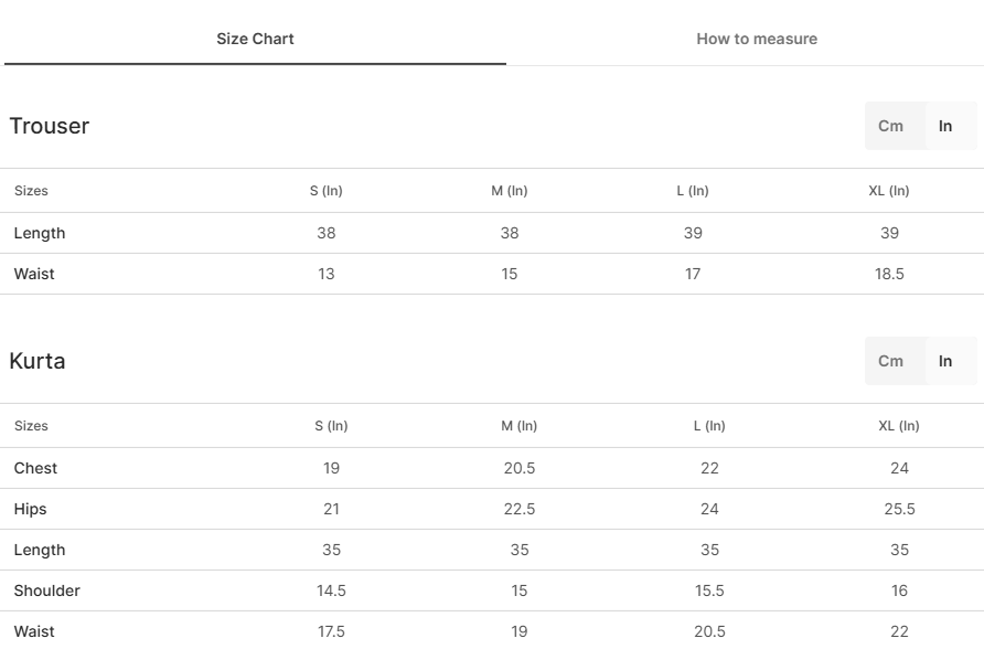 Size chart for Evening Rose