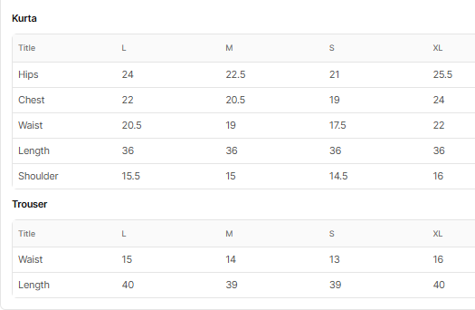 Size chart for Fabia