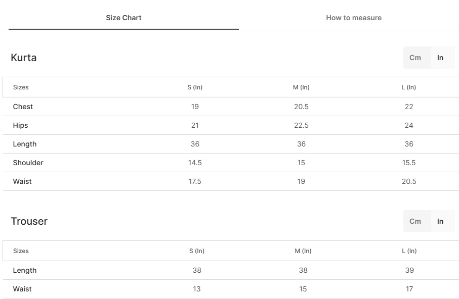 Size chart for Falak