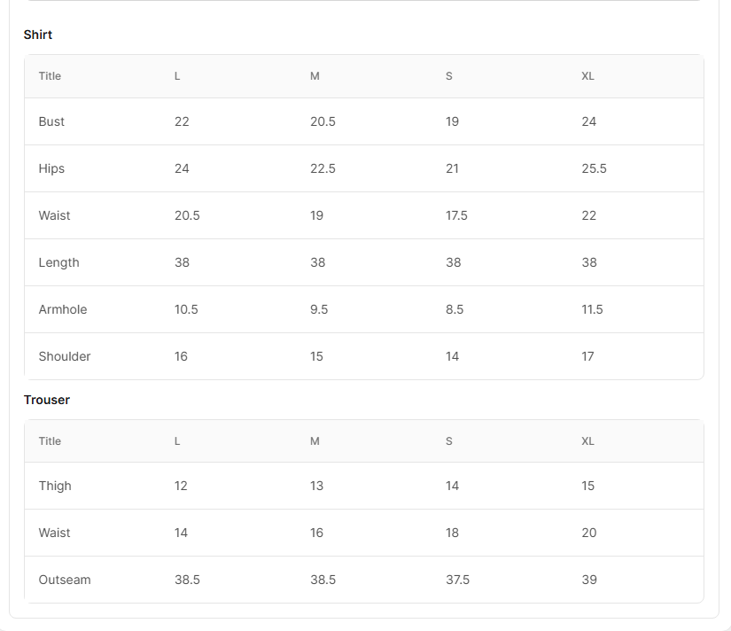 Size chart for Fanni White