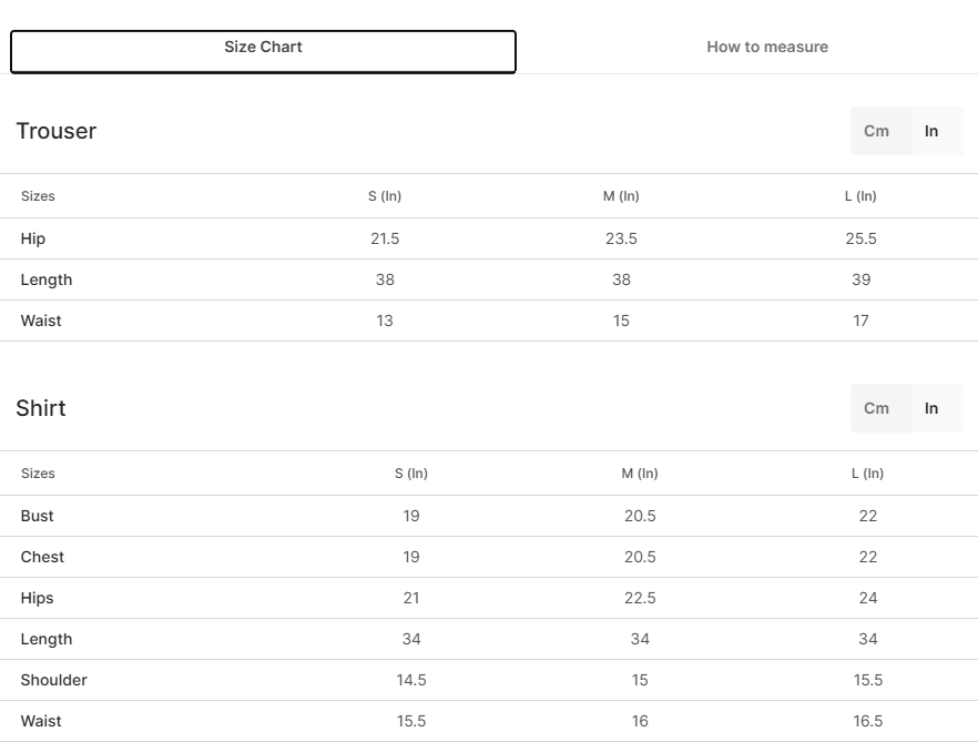 Size chart for Fareeda