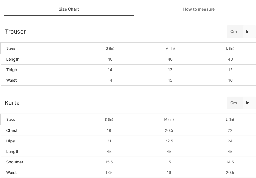 Size chart for Farheen