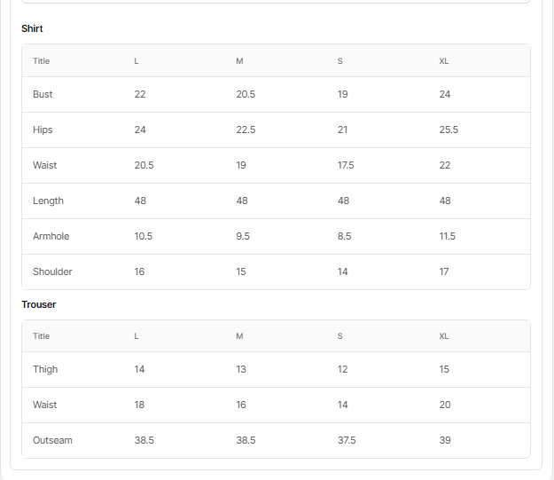 Size chart for Ferdoos