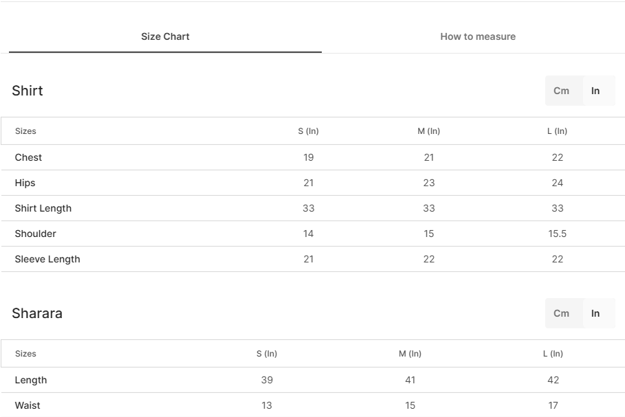 Size chart for Firoza
