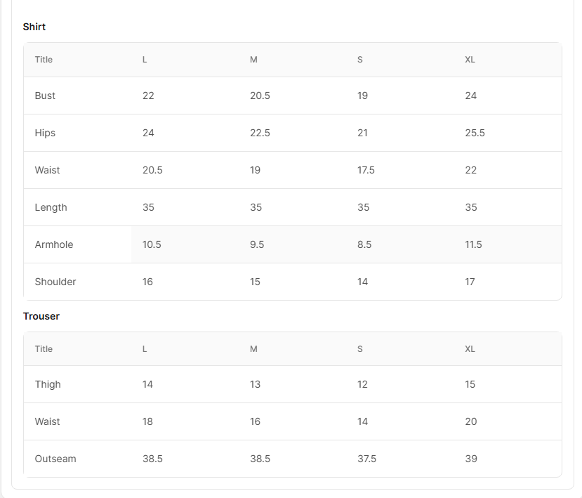 Size chart for Fountain - Pink