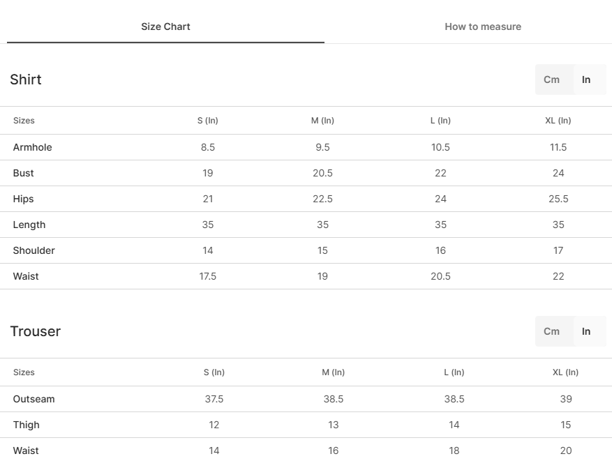 Size chart for Fountain - Pink