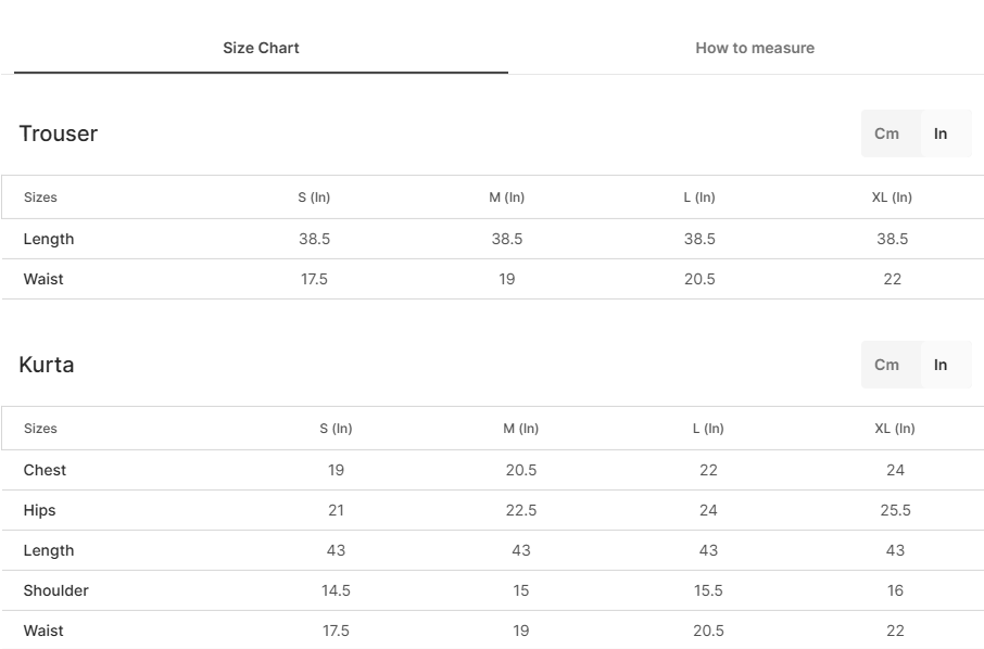 Size chart for Freedom Pink