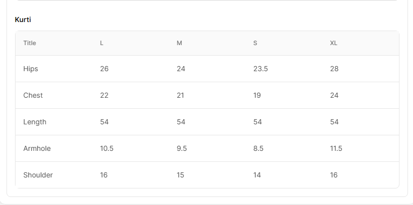 Size chart for Gauhar