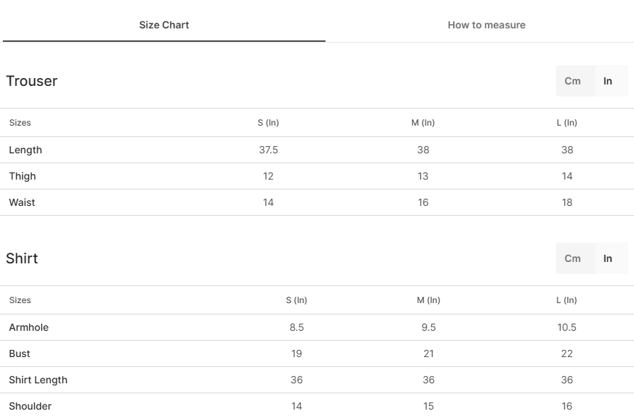 Size chart for Gianna Pink