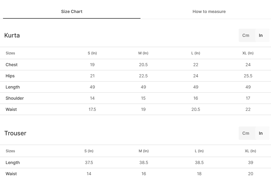 Size chart for Glamour Posh