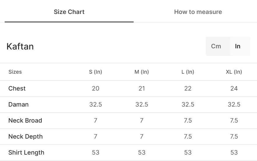 Size chart for Grana Black