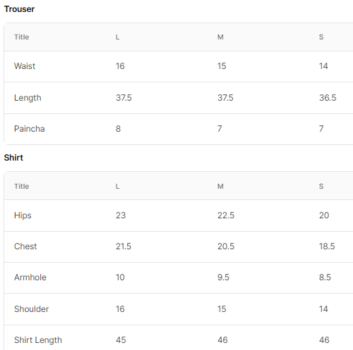 Size chart for Gul-Chehra