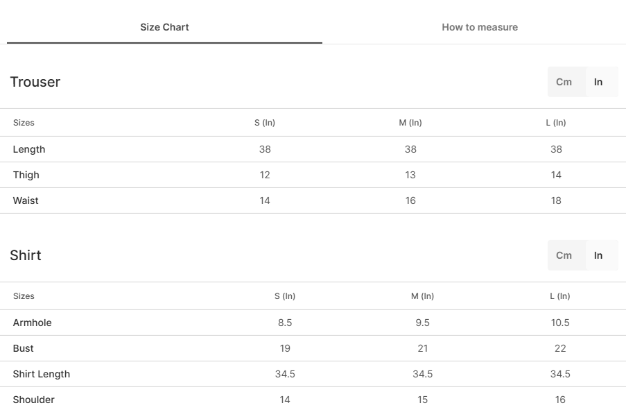 Size chart for Gul-e-Aasman