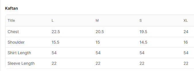 Size chart for Gulbafteh