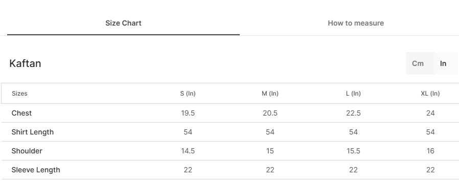 Size chart for Gulbafteh