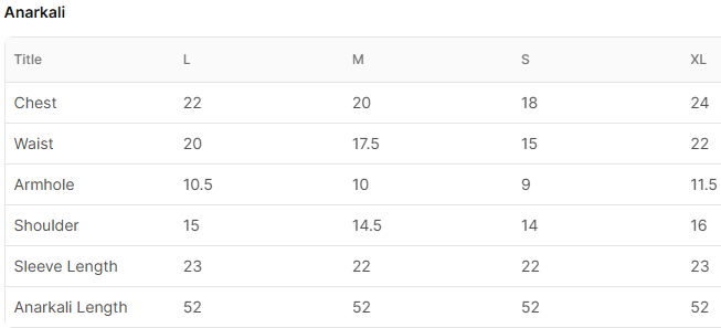 Size chart for Gulbaizar