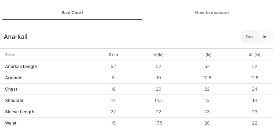 Size chart for Gardenia Black