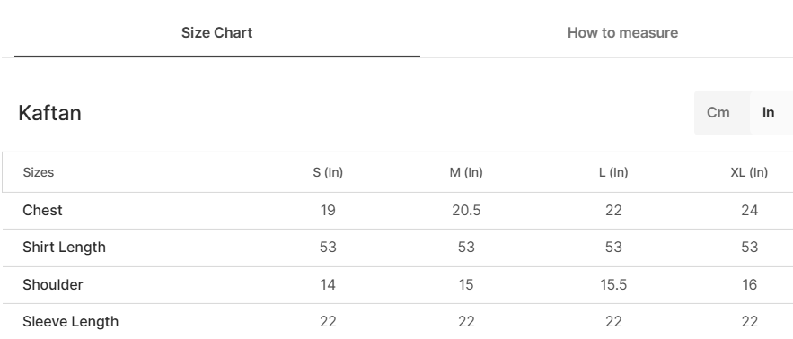 Size chart for Gulban Maroon