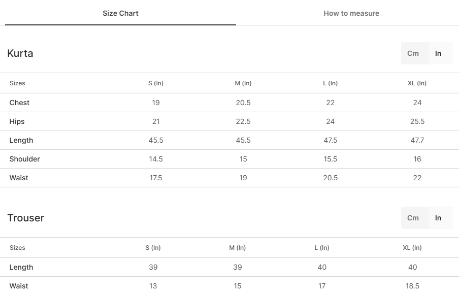 Size chart for Gulbarg