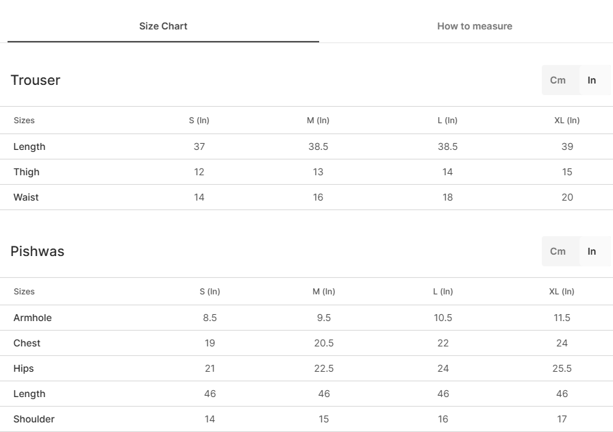Size chart for Guledawod