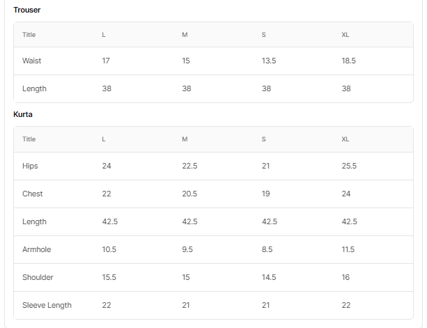 Size chart for Guljawa