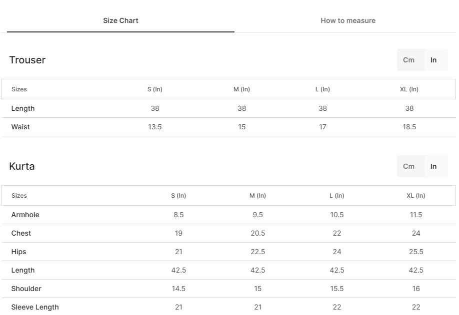 Size chart for Guljawa