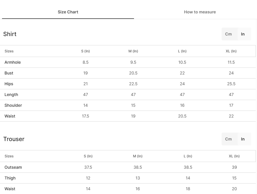 Size chart for Gulnaaz - Blue