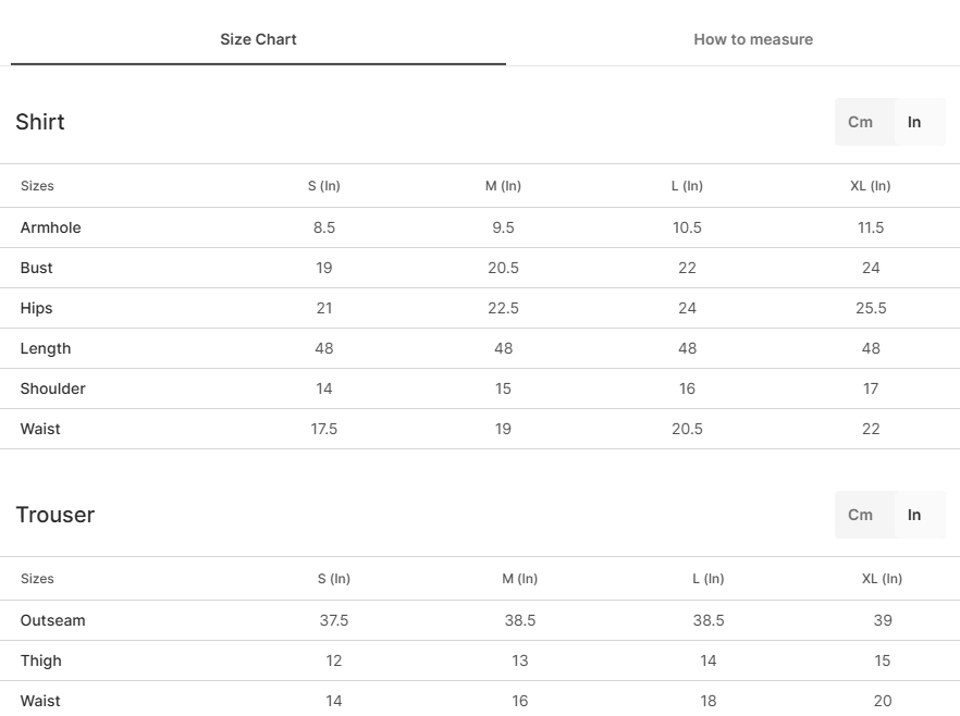 Size chart for Gulreza